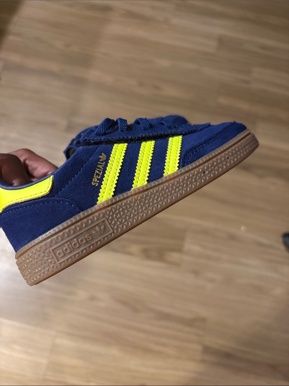 adidas Suede Sneaker in Navy with Neon Yellow Stripes